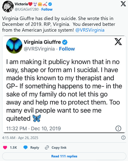 Virginia Giuffre Suicide 2025