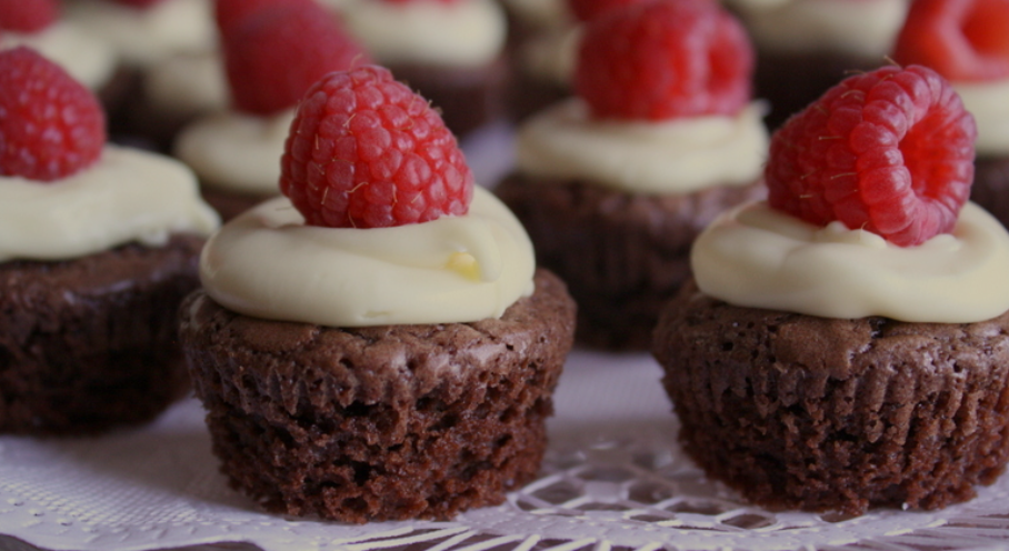 Mini Brownie Bites With Ganache, Cocoa, And Raspberries Mini Brownie Bites